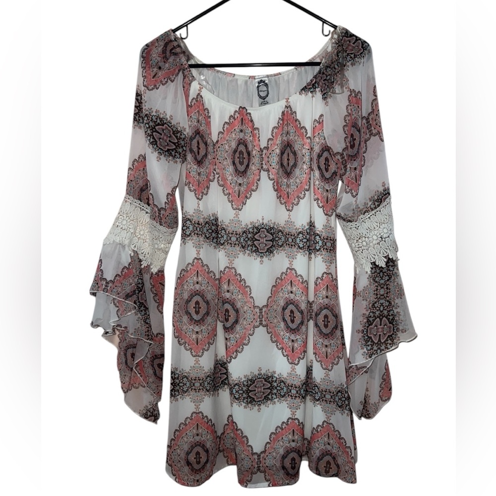 Bohemian Bell Sleeve Dress with Pink and Cream Patterns